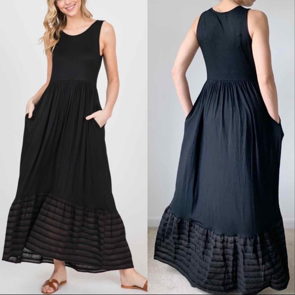 BOHO FLARE MAXI DRESS WITH POCKETS - BLACK